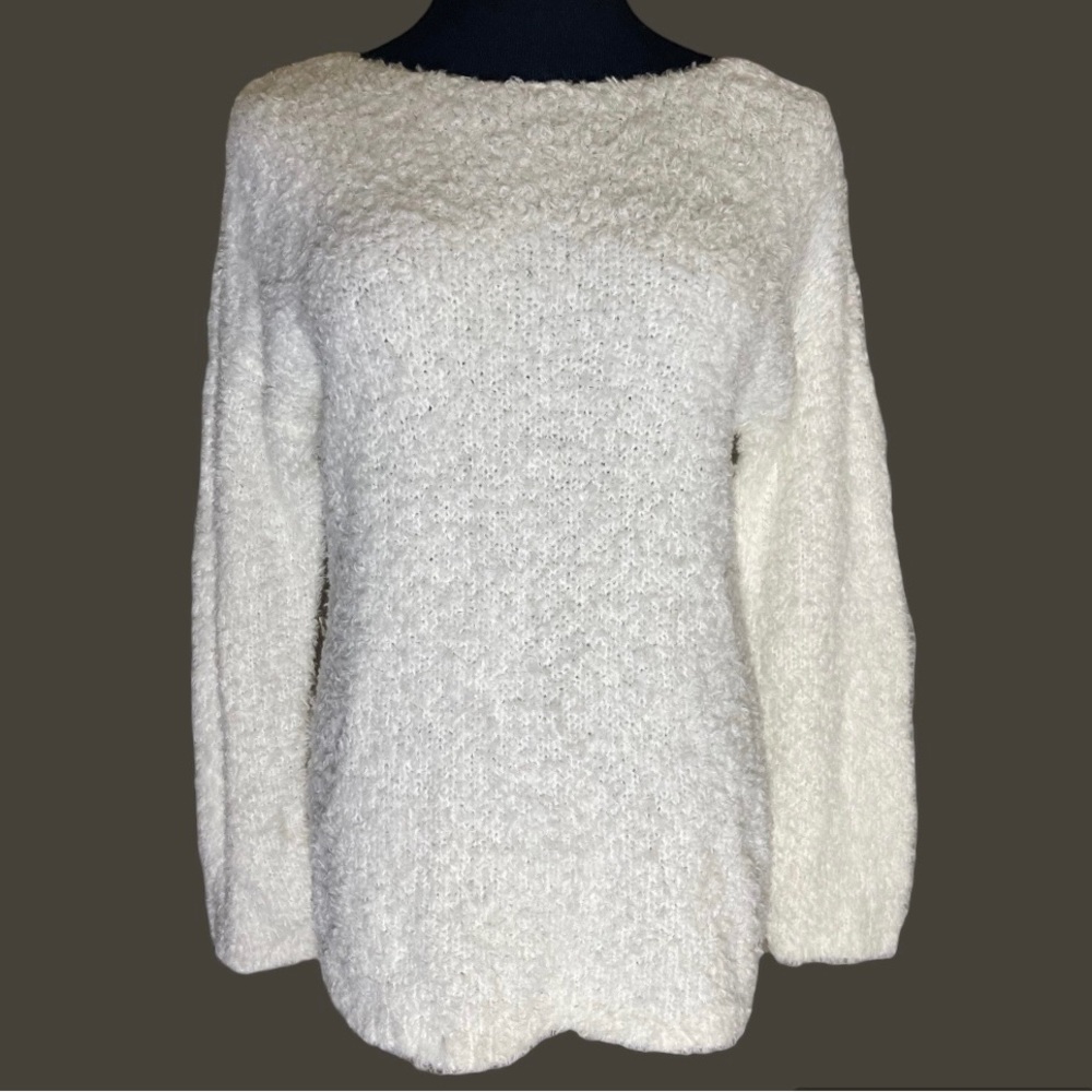 LOU & GREY White Fuzzy Boat Neck Long Sleeve Pullover Sweater Top